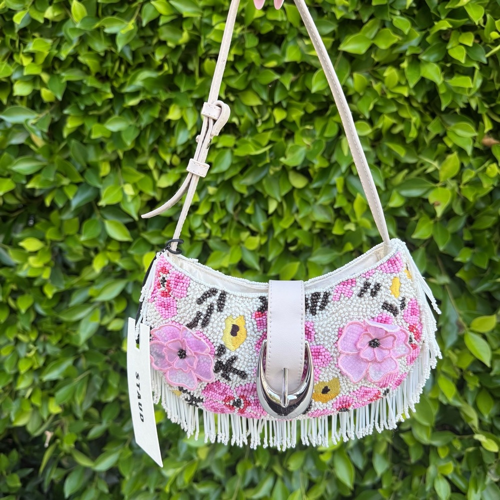 STAUD Alana Shoulder Bag Floral Beaded Shoulder Bag - Pink & White - Picture 2 of 6